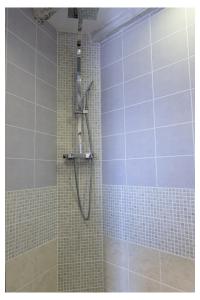 a bathroom with a shower with blue and white tiles at Domaine de la Grange aux Dîmes in Feux