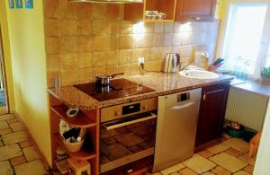 a kitchen with a sink and a counter top at Słoneczne apartamenty in Sobótka