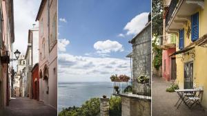 two pictures of an alley with a view of the ocean at Rinaldi's Apartment in Sirolo