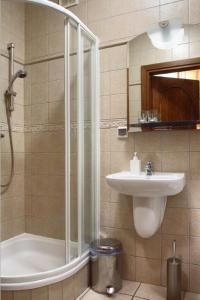 a bathroom with a shower and a sink at Pensjonat Mijamar in Białogóra +33 photos