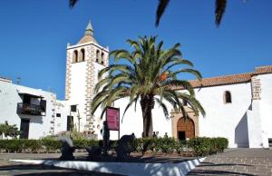 カレタ・デ・フステにあるPuerta del solの椰子の木と時計塔のある教会