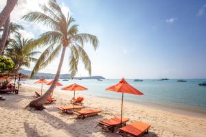 a beach with chairs and umbrellas and the ocean at Secret Garden Beach Resort in Bangrak Beach
