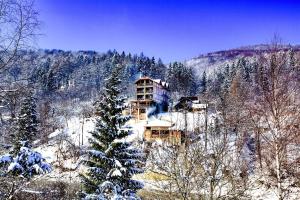 a building on a hill with snow covered trees at Gutsulska rodzynka in Yaremche