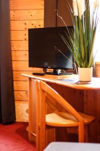 a desk with a computer monitor and a potted plant on it at Hotel & Tennis Riederhof in Mantscha