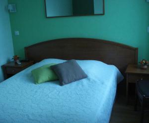 ein Schlafzimmer mit einem Bett mit zwei Kissen darauf in der Unterkunft Chambres d'hôtes la Chaumière in Arcy-sur-Cure