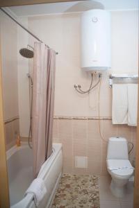 a white toilet sitting next to a bath tub in a bathroom at Bilyj Rojal in Zaporozhye