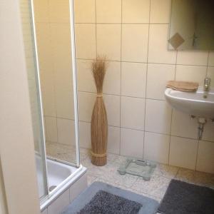 a bathroom with a shower and a toilet and a sink at Cityzimmer in Nettetal