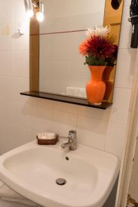 - un lavabo avec un vase de fleurs sur un miroir dans l'établissement Hotel Italia Abbadia, à Abbadia San Salvatore