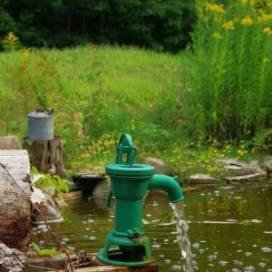 a green water fountain in the middle of a pond at La Sapinette in Val-David