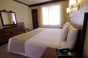 um quarto de hotel com uma cama grande e um espelho em Hotel San Antonio em Tampico