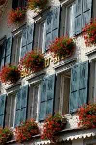 ein Gebäude mit blauen Fenstern mit Blumen und Pflanzen in der Unterkunft Hotel Beausite Budget in Interlaken