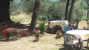 una mesa de picnic y sillas en un patio con flores en Azzurre BeB, en Laterina