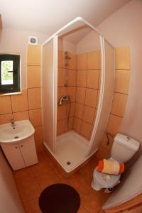 ウストロニエ・モルスキエにあるDomki letniskowe Czugoの小さなバスルーム(シャワー、トイレ付)