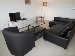 サン・マルティーニョ・ド・ポルトにあるCarmona Gのリビングルーム(黒いソファ、テレビ付)