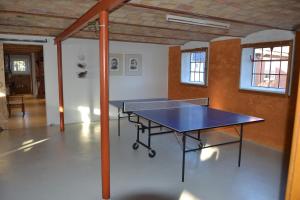 a ping pong table in the middle of a room at Porshus Ferielejlighed in Sundstrup