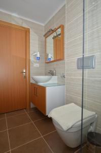 a bathroom with a toilet and a sink and a mirror at Odyssey Residence Apartments in Fethiye