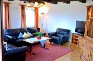 a living room with leather couches and a coffee table at Haus Gnädinger in Hagnau