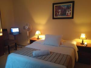 1 dormitorio con 1 cama y escritorio con ordenador en PiscoMar Peru, en Pisco
