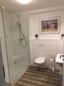 een badkamer met een douche en een toilet bij FEWO Schwerin-Zentrum in Schwerin
