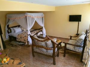 ein Schlafzimmer mit einem Bett und Stühlen sowie einem TV in der Unterkunft Karen Little Paradise in Nairobi
