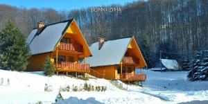 a log cabin in the snow with snow at Bieszczady Sosnowa Aleja in Baligród