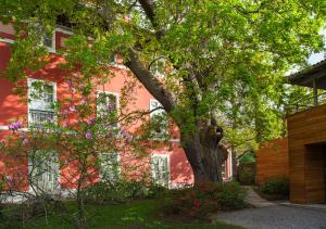 a tree in front of a red building at Casona de La Paca in Cudillero