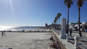 people on a beach with palm trees and the ocean at Apartamento con Terraza y Parrillero in Piriápolis