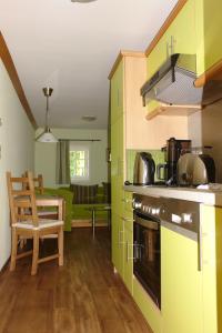eine Küche mit grünen Schränken und einem Herd Top-Backofen in der Unterkunft Räucher-Häusl in Herrnhut