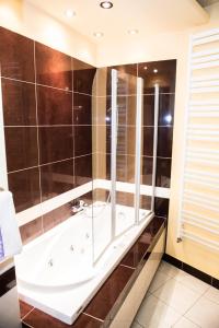 uma casa de banho com um chuveiro e uma banheira em 3-Pokojowy Apartament Villa Park - Top Location em Olsztyn