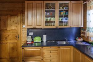 a kitchen with wooden cabinets and a sink at Chata Kamenár in Ružomberok