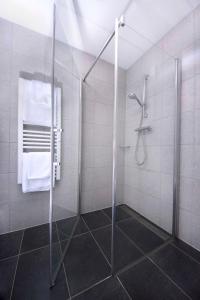 a shower with a glass door in a bathroom at Brandtner Komfortzimmer in Kaumberg