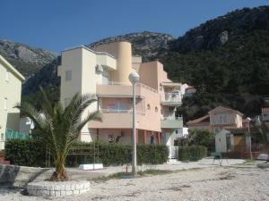 a building with a palm tree in front of it at Apartment Iva in Klek