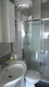a bathroom with a sink and a shower and a toilet at Apartments Braco in Seget Vranjica