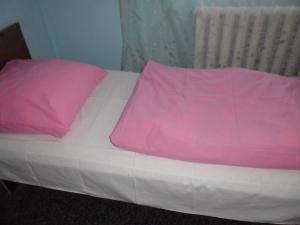 uma cama branca com duas almofadas cor-de-rosa em Guest House Raisa em Brest