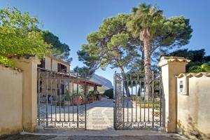 um portão para uma casa com uma palmeira em Poggio di mare em Castelluzzo
