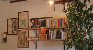 ein Bücherregal voller Bücher an einer Wand in der Unterkunft La Volpe E L'uva in Cherasco