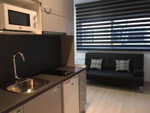 a kitchen with a sink and a couch in front of a window at Apartahotel Baldiri in Sant Boi del Llobregat