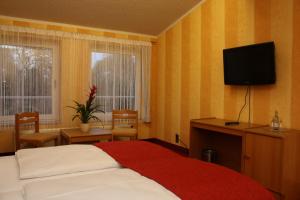 a bedroom with a bed and a flat screen tv at Hotel Eleganz in Rustow