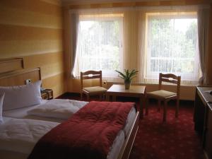 Habitación de hotel con cama, mesa y sillas en Hotel Eleganz, en Rustow