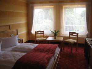 a hotel room with a bed and a table and chairs at Hotel Eleganz in Rustow