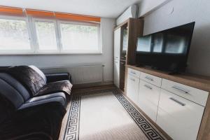 a living room with a couch and a flat screen tv at Apartment Berglez in Škofja Loka