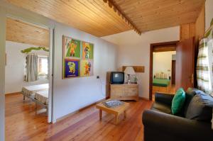 a living room with a couch and a tv at Sembenini Palace in Riva del Garda