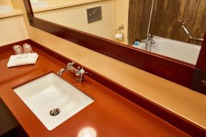 un baño con lavabo y espejo en Disney Hotel Cheyenne, en Coupvray