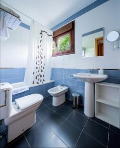 een blauwe badkamer met een wastafel, een toilet en een bad bij Apartamentos El Caxigu in Arenas de Cabrales