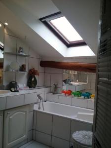 a bathroom with a large sink and a skylight at La Casa Victoria -Stanislas area -Suite 65m2 OR Loft 75m2 in Nancy +45 photos