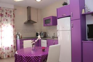 コニル・デ・ラ・フロンテーラにあるApartamento céntricoの紫色のキッチン(テーブル、紫色の冷蔵庫付)