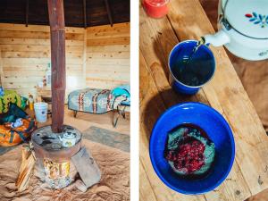 two pictures of a room with a blue bowl of food at Shash Dine' EcoRetreat in Page