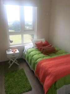 Un dormitorio con una cama con sábanas verdes y una ventana en Departamento Ipanema, en Temuco