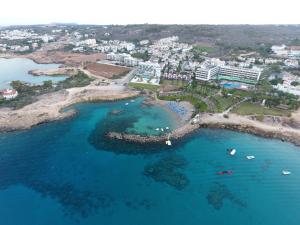 an aerial view of a beach with boats in the water at Thalassa Court Sandy Beach Apartment in Protaras