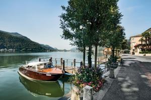 un barco sentado en el agua junto a un árbol en International au Lac Historic Lakeside Hotel, en Lugano